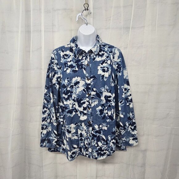 Isaac Mizrahi Live Blue White Floral Button Down Blouse Cottagecore Boho 12 - Picture 1 of 12